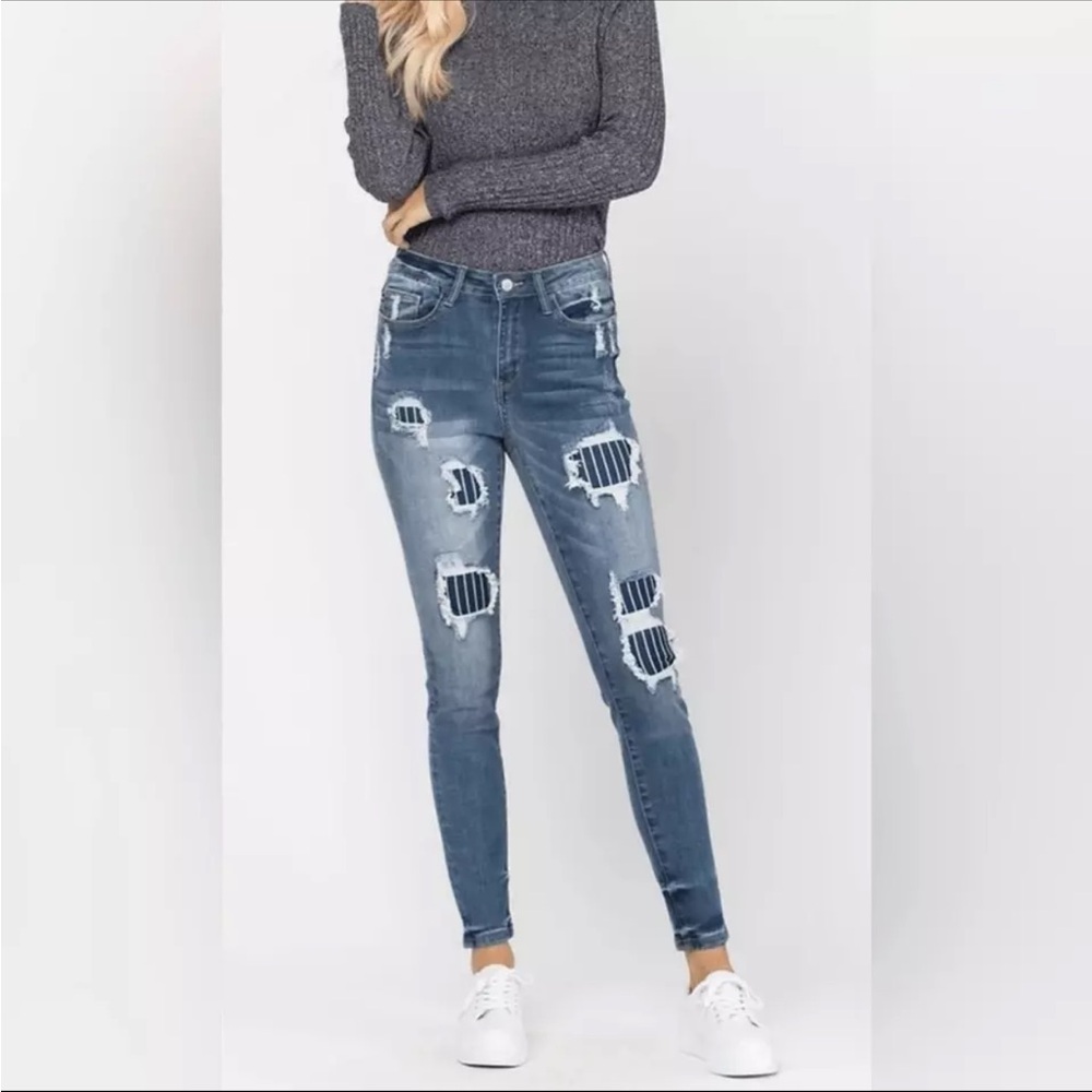 Judy Blue Cotton Pin Up Girl Pinstripe Patchwork Distressed  Skinny Jeans 16W